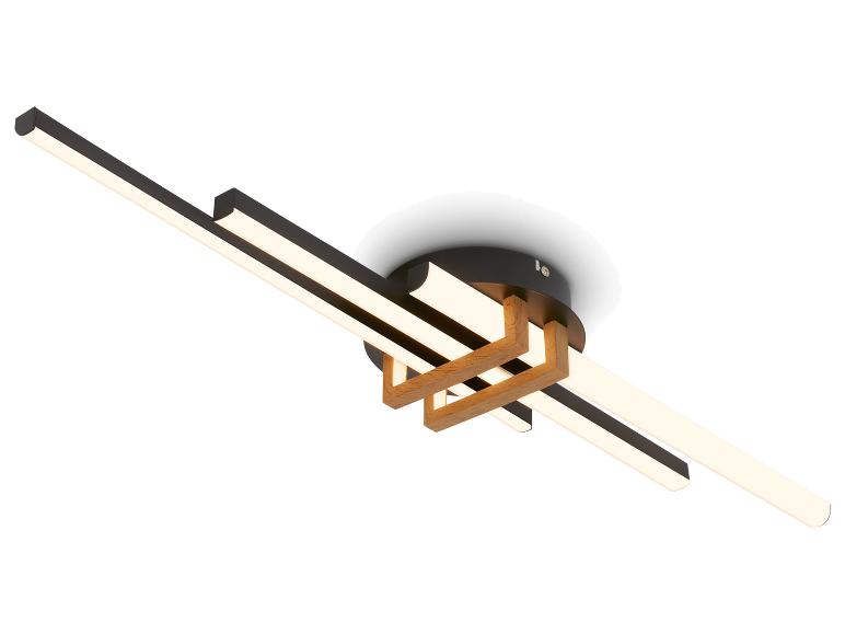 Moderne LED plafondlamp met zwart geometrisch design en houten elementen.