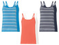Drie paar tanktops: blauw gestreept, wit en oranje.