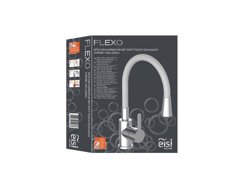 Eisl Flexo spoelbakkraan met Soft-Touch slang in chroom en lichtgrijs.
