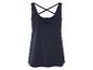 Donkerblauw, mouwloos top met gekruiste bandjes.