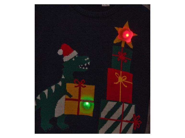Kersttrui met dinosaurus, cadeaus en LED-lampjes.
