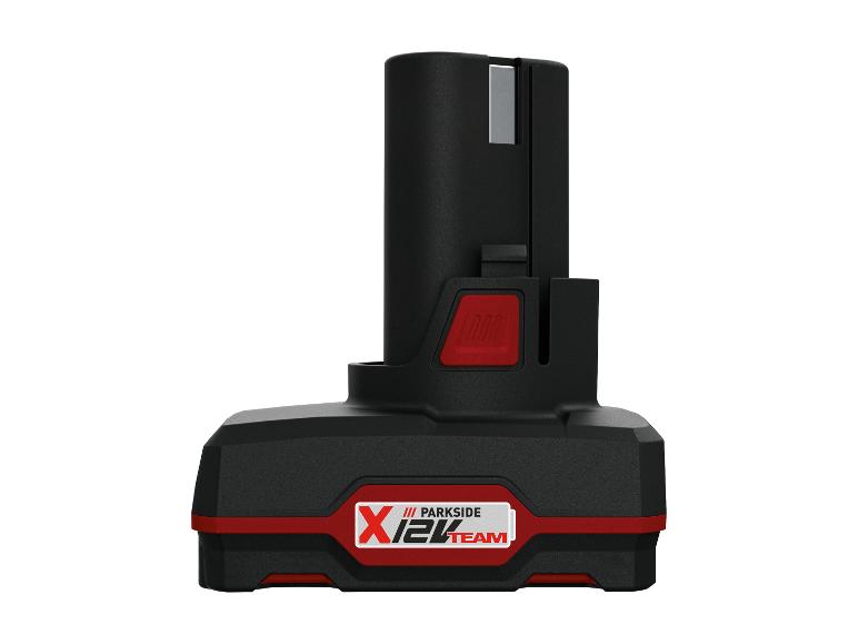 Zwarte accu met rode details en de inscriptie “X 12V TEAM”.
