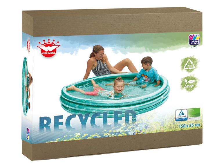 Een opblaasbaar zwembad van Wehncke voor kinderen, gemaakt van gerecycled materiaal.