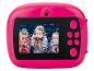 Roze digitale kindercamera met scherm waarop drie meisjes confetti blazen.