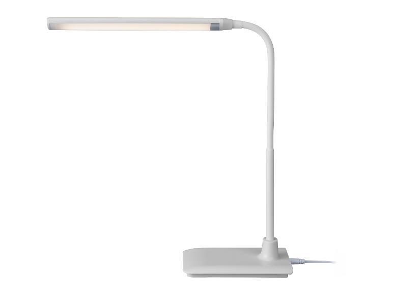 Witte LED-bureaulamp met flexibele arm en rechthoekige voet.