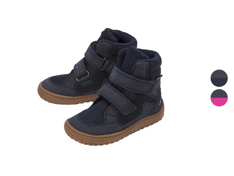 Donkerblauwe kinderschoenen met klittenbandsluiting en bruine zolen, met kleuropties