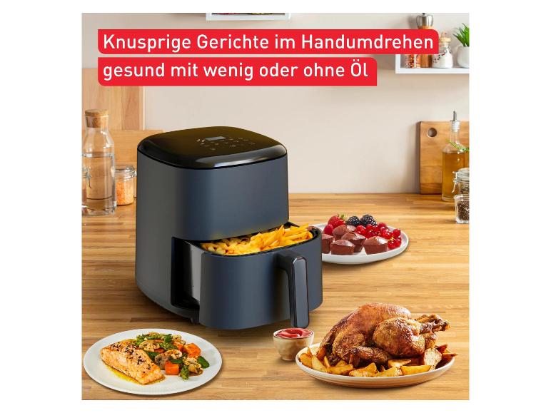 Heteluchtfriteuse met friet, gebraden kip, zalm en desserts. Tekst: 'Krokante gerechten in een handomdraai, gezond met weinig of geen olie'