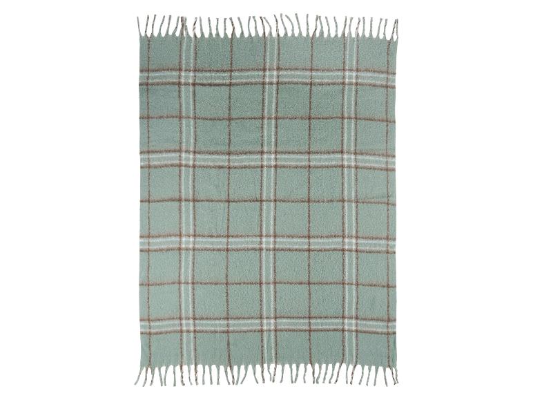 Groen en bruin geruite wollen deken met franjes.
