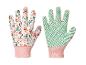 Een paar tuinhandschoenen met bloemenprint en antislip stippen.