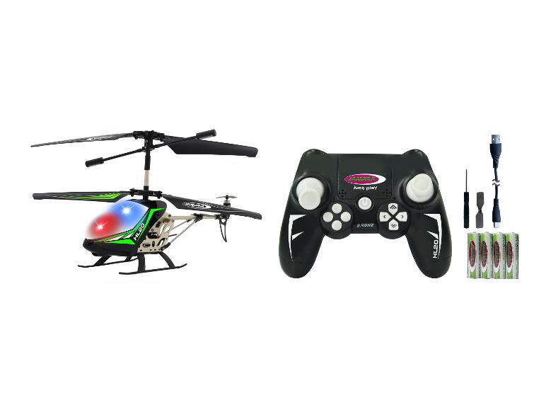 Een Jamara RC helikopter met controller, batterijen en gereedschap.