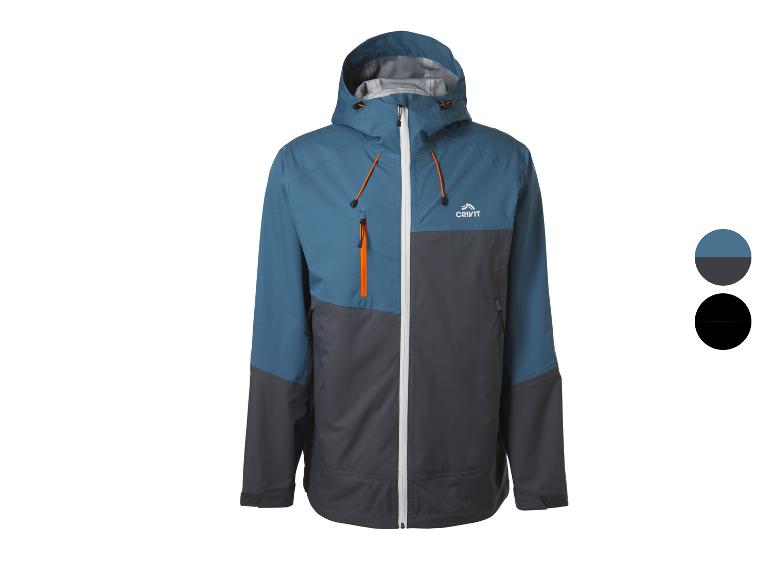Heren outdoorjas in blauw en donkergrijs met oranje details.