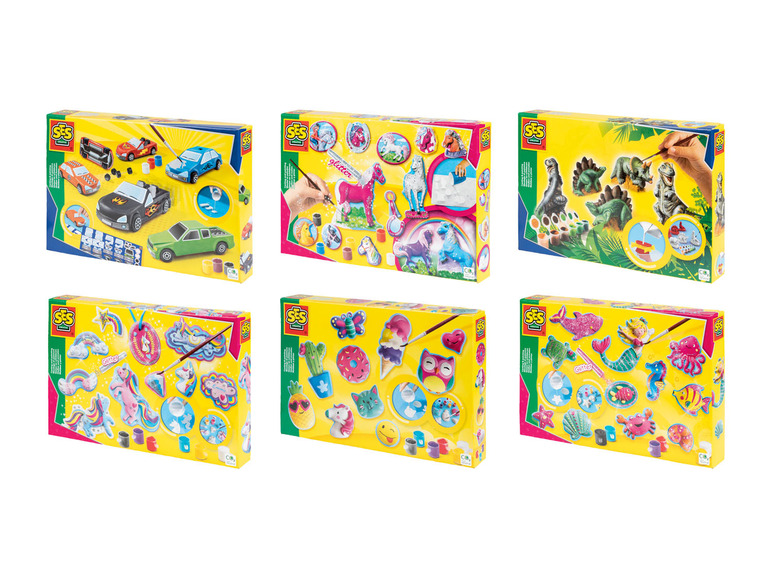 SES Creative knutselsets met auto's, eenhoorns, dinosaurussen, zeedieren en andere figuren om te beschilderen.