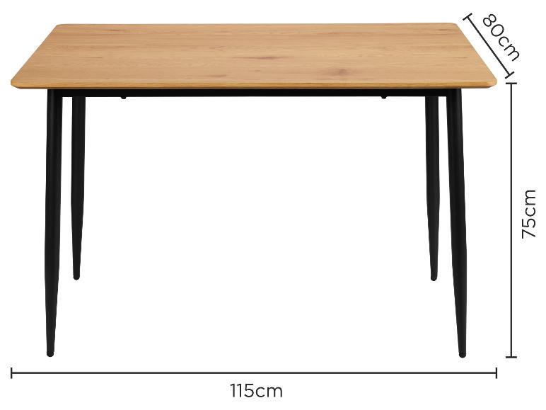 Houten eettafel met zwarte poten, 115x80x75cm.