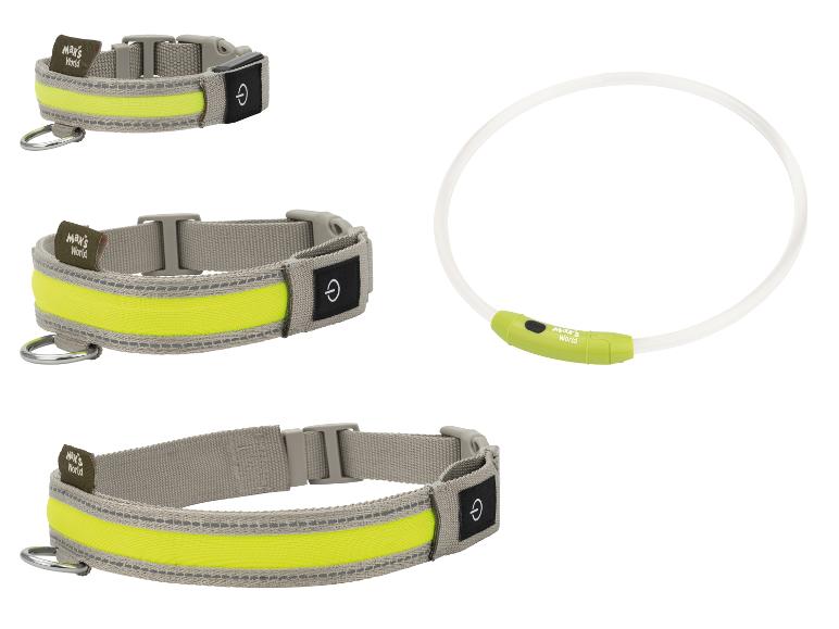 Twee grijze reflecterende hondenhalsbanden en één witte lichtgevende halsband.