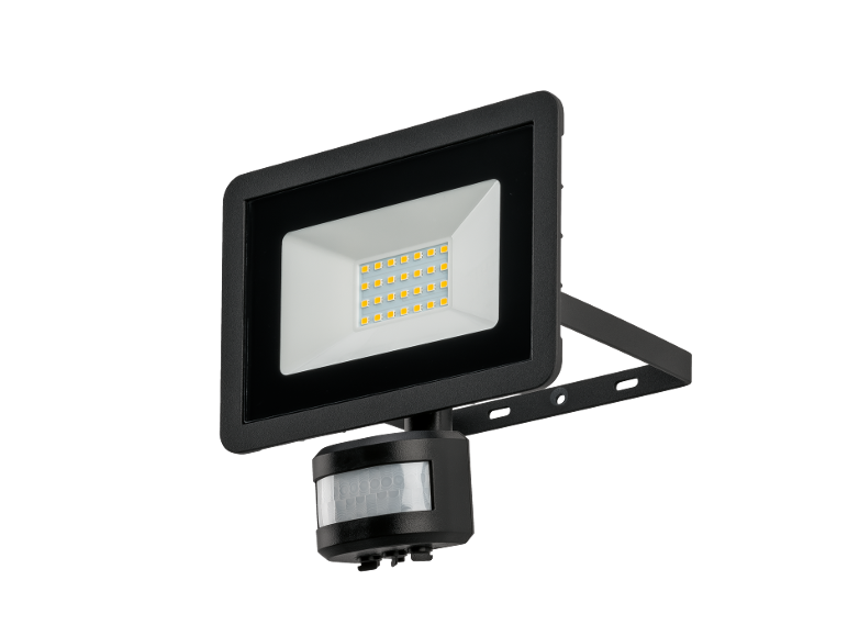 LED-schijnwerper met bewegingssensor, zwart, wit lichtpaneel met gele LED's.