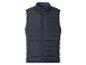 Donkerblauwe gewatteerde bodywarmer met ritssluiting en opstaande kraag.