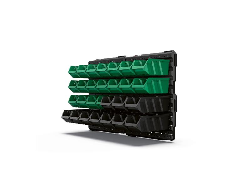 PARKSIDE wandgemonteerd opbergpaneel met groene en zwarte opbergbakken.