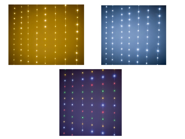 LED-lichtgordijnen in goud, koel wit en meerkleurig.