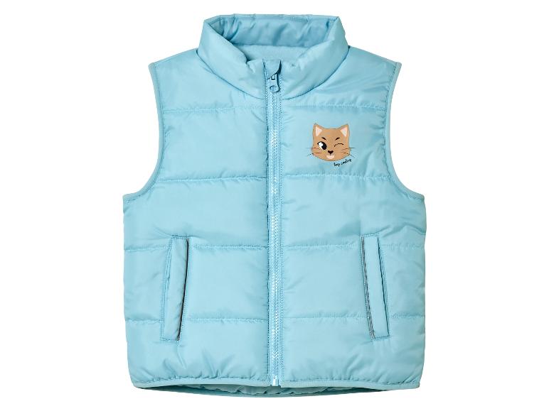 Lichtblauw kinder puffer vest met een schattig knipogend katje.