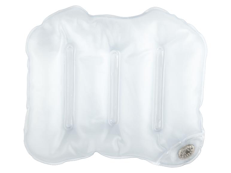 Transparant, rechthoekig opblaasbaar kussen met drie verticale compartimenten en een ventiel.