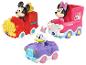 Drie VTech speelgoedauto's met Disney-personages: Mickey, Minnie en Katrien.