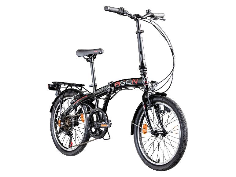 Zwarte Agon Parklane vouwfiets met bagagedrager en verlichting.