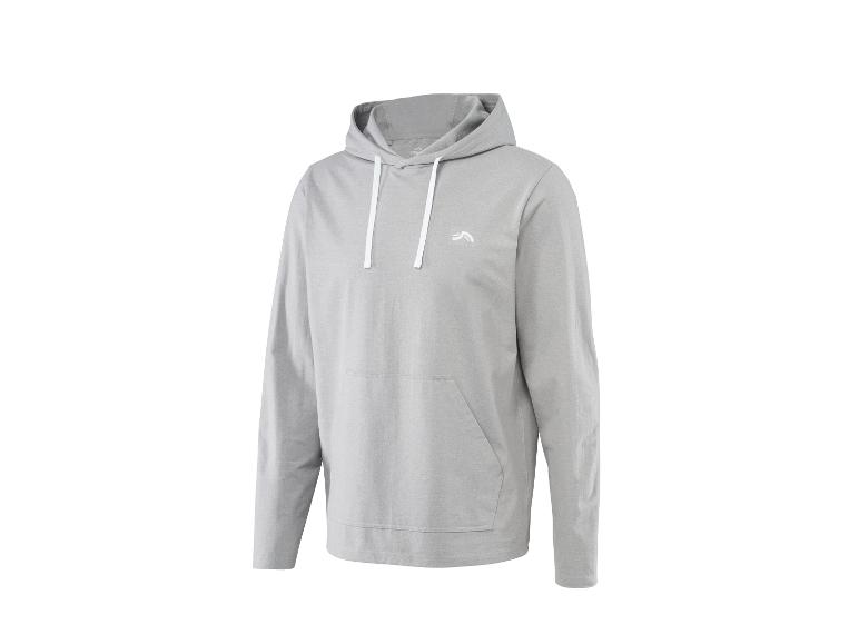 Grijze hoodie met witte trekkoorden en een klein wit logo op de borst.