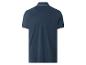Donkerblauw poloshirt met wit gestreepte kraag en mouwboorden, achteraanzicht.