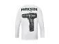 Wit herenshirt met lange mouwen en boormachineprint op de rug