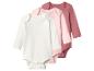 Drie babyrompertjes: wit, roze en donkerroze, met lange mouwen.