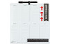 Een wit magnetisch weekplannerbord met drie rode pijlen en een markeerstift.