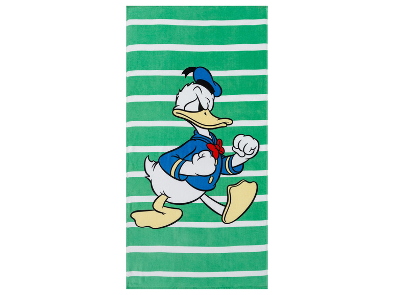 Een badlaken met een afbeelding van Donald Duck in een blauwe outfit.
