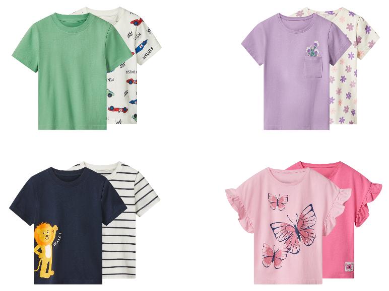 2-pack kinder T-shirts: effen groen, met auto's, paars met bloemen, gestreept, marineblauw met leeuw, roze met vlinders.