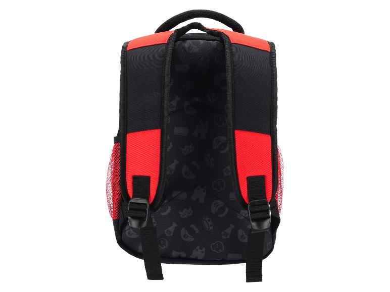 Rood en zwart kinderrugzak met figuren.