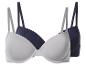 Twee beha's, één lichtgrijs en één donkerblauw, met verstelbare bandjes.