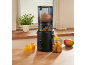 Zwarte slowjuicer met mangostukjes die mangopuree maakt in een keuken.