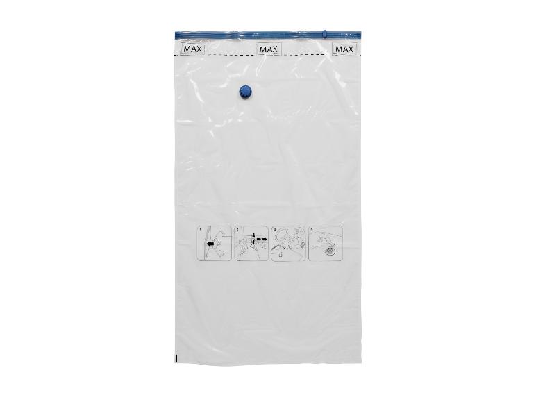 Vacuüm opbergzak met blauwe dop en gebruiksinstructies.