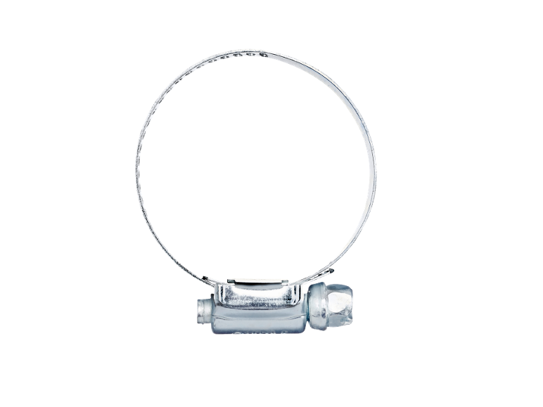 Metalen slangklem met schroefmechanisme op een zwarte achtergrond.