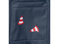 Blauwe regenbroek met rode en witte kegels