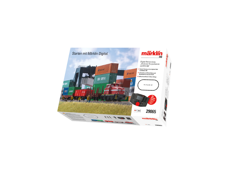 Digitale startset met locomotief en rails, met een bouwplaats thema.