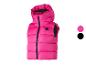Roze gewatteerde bodywarmer met capuchon en zwarte rits, met roze en zwarte kleuropties.