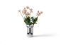 Zwart-witte vaas met roze bloemen en groene bladeren
