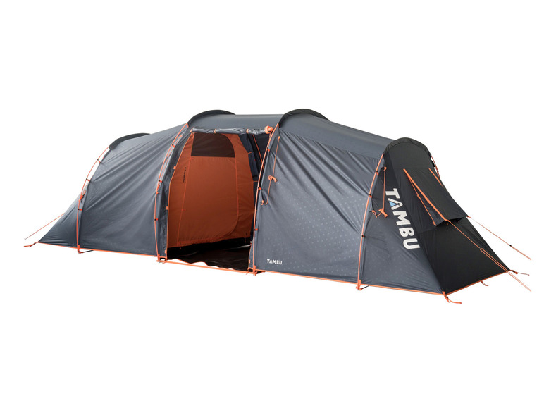 Een grijze Tambu-tent met oranje details.