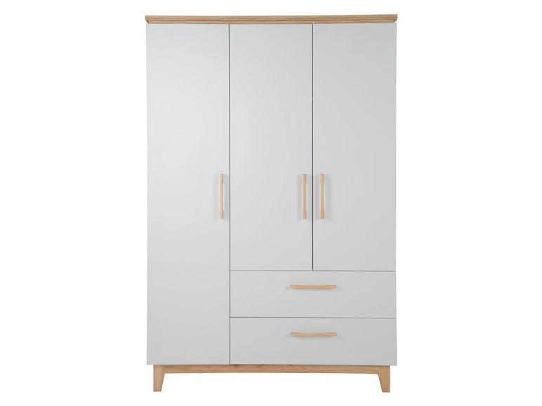 Een witte kledingkast met twee deuren en twee lades.