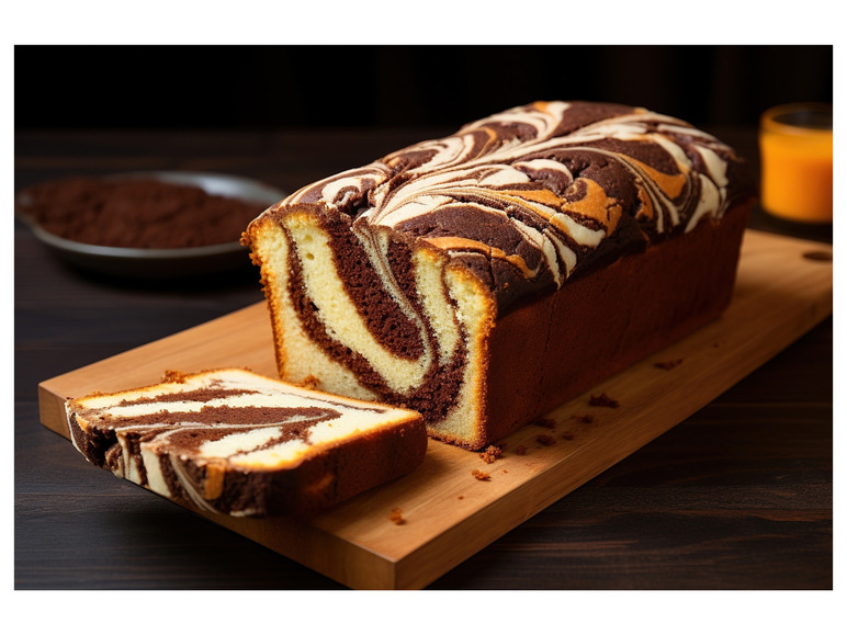 Een marmercake gesneden op een houten snijplank.