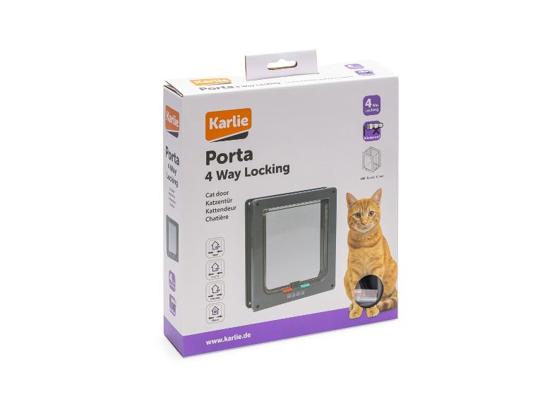 Kattenluikdoos met 4-weg vergrendeling, met een oranje kat ernaast.