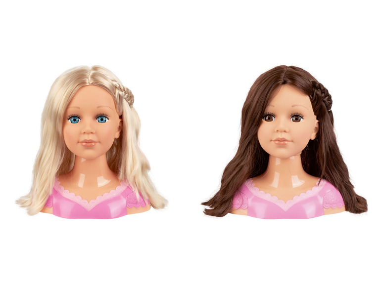 Twee poppenhoofden met lang haar voor kinderen om mee te spelen.