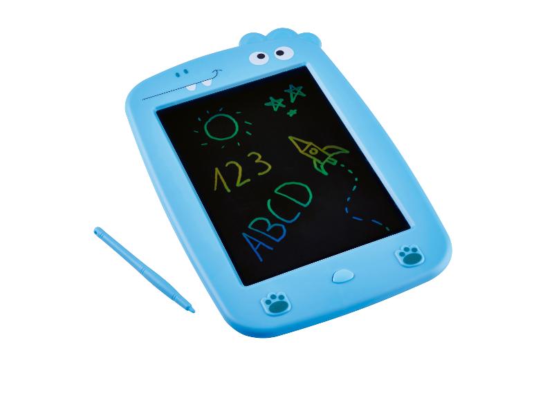 Blauw tekentablet met monsterthema en stylus, toont een zon, sterren, raket, cijfers en letters.