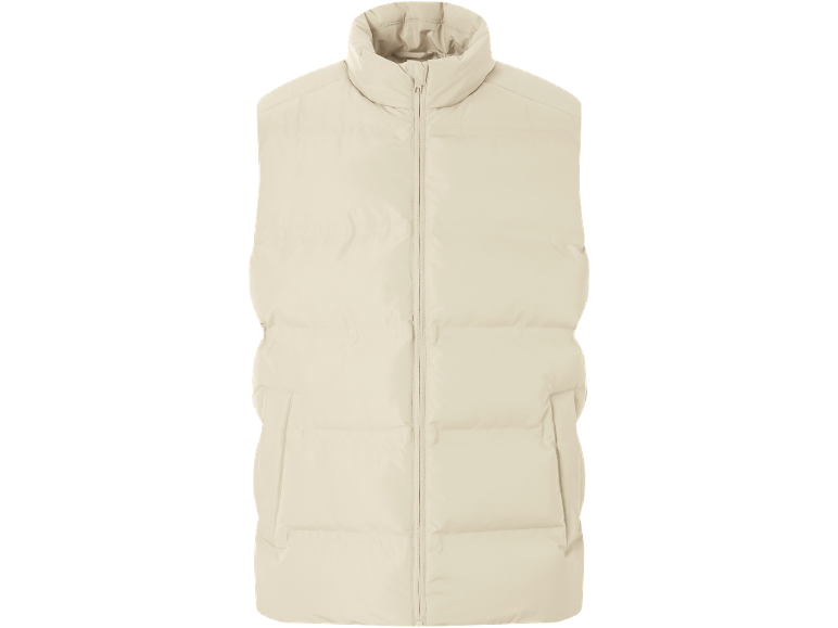 Beige gewatteerd vest met ritssluiting aan de voorkant.