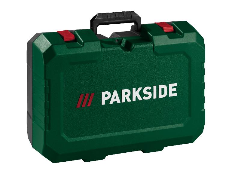 Een groene Parkside gereedschapskoffer met rode sluitingen en een zwart handvat.